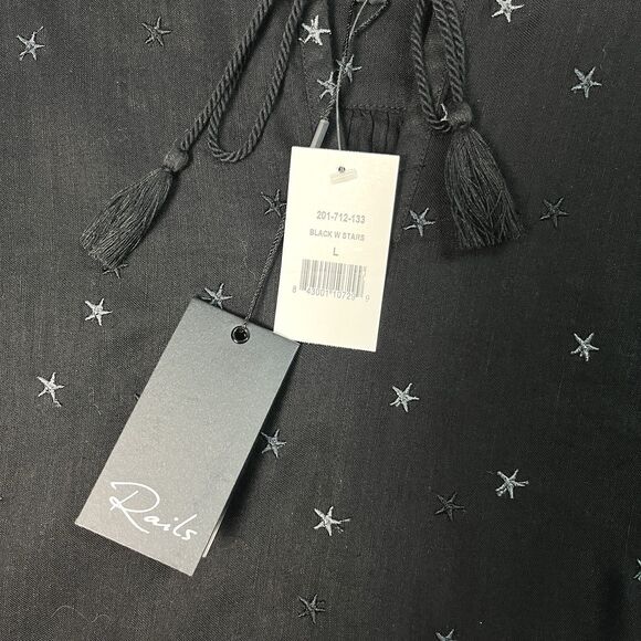 NWT Rails Lydia Black Stars Linen Rayon Embroidered Boho Babydoll Dress Sz S - Picture 6 of 9